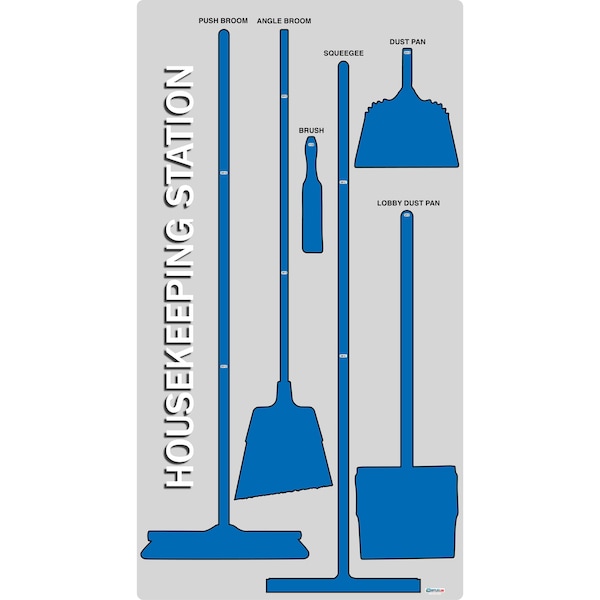 5S Housekeeping Shadow Board Broom Station Version 3 - Gray Board / Blue Shadows  With Broom